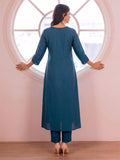 Women's Teal Blue Floral Embroidered Kurta With Trousers