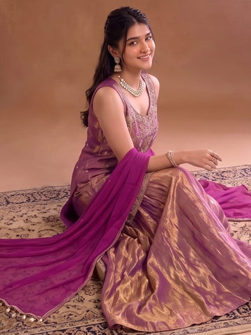 Embroidered Shimmer Short Kurta With Palazzo And Dupatta