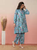 Varanaga sea green abstract printed mandarin collar, bishop sleeves Aline kurta paired with tonal printed bottom