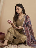 Varanga Women Kurta Set With Intricate Lace Detailing And Solid Ankle-Length Trousers, And  Printed Dupatta.