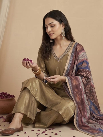Varanga Women Kurta Set With Intricate Lace Detailing And Solid Ankle-Length Trousers, And Printed Dupatta.