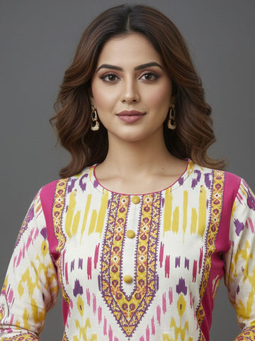 Ethnic Multicolor Ikat Printed Kurta Set With Dupatta & Solid Trouser