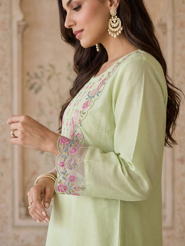 Pista Green Embroidered Chanderi Kurta Set With Organza Dupatta