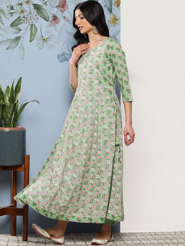 Varanga Pista Green Women Floral Printed Empire Gotta Patti Pure Cotton Kurta Set