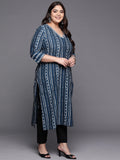 Varanga Women Blue And White Striped Straight Kurta With V Shape Neckline And 3/4Th Sleeves