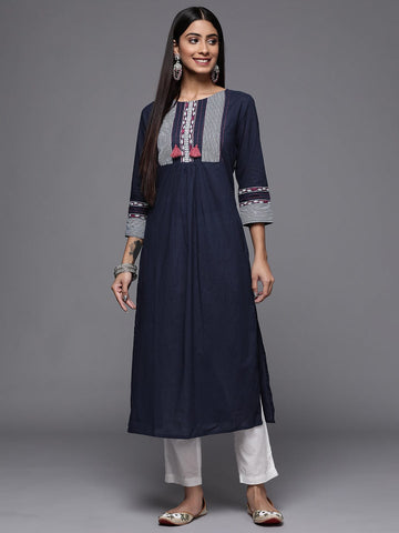 Varanga Women Navy Blue & White Yoke Design Screen Print Thread Work Cotton Straight Kurta