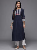 Varanga Women Navy Blue & White Yoke Design Screen Print Thread Work Cotton Straight Kurta