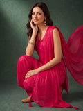 Rani Pink Solid V Neck Short Kurta With Farsi Salwar And Dupatta.