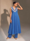 Royal Blue Embroidered Georgette Anarkali Kurta With Trousers (Set Of 2)