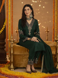 Varanga Women Green Embroidered Straight Kurta Paired With Tonal Embroidered Bottom And With Tonal Chiffon Dotted Dupatta