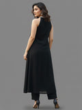 Black halter-neck A-line kurta featuring delicate white floral embroidery with matching solid trousers.