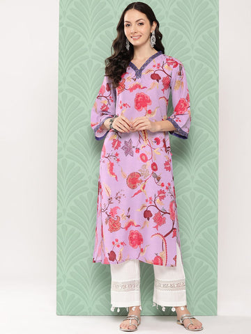Varanga Women Lavender Floral Printed V-Neck Straight Kurta With Bell Sleeves