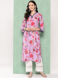 Varanga Women Lavender Floral Printed V-Neck Straight Kurta With Bell Sleeves