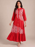 Crimson Red Embroidered Dress Featuring Bold Spiral Thread Work