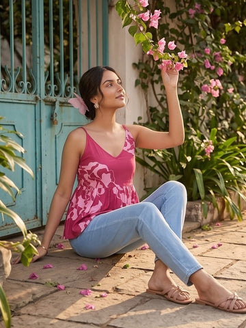 Varanga Fuchsia & Pink Floral Babydoll Top With Gathered Waist