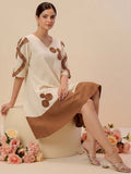 Off-White Color-Block A-Line Dress Featuring Handcrafted Floral Appliqué Work