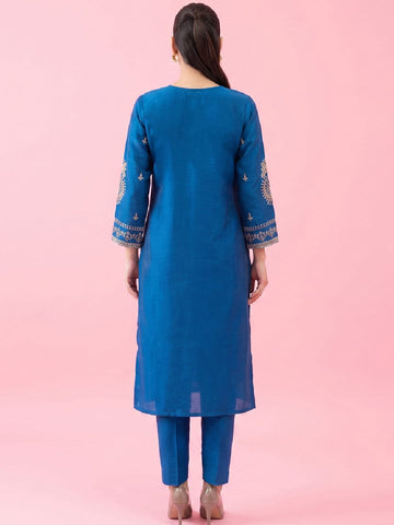 Blue Embroidered Chanderi Kurta Set With Straight Pants And Zari-Bordered Dupatta.