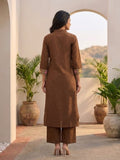 Floral Embroidered Brown Ethnic Kurta With Gathered Detailing