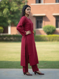 Solid straight-fit kurta with graceful embroidery and a round neckline, paired with full-length elasticated straight trousers.