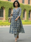 Classic ikat print Aliya-cut kurta in blue and white, teamed with regular-fit ankle-length trousers.