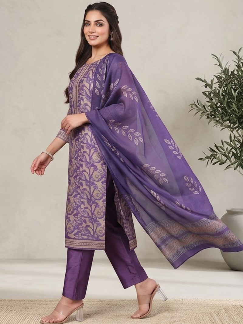 Varanga Women Purple Floral Printed Straight Kurta with Trouser and Printed Dupatta