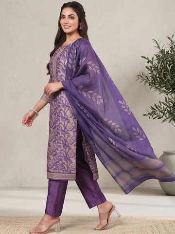 Varanga Women Purple Floral Printed Straight Kurta with Trouser and Printed Dupatta