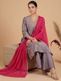 V Neck  Kurta With Lace Detailing, Paired With Solid Trousers And A Contrasting Fuchsia Dupatta.