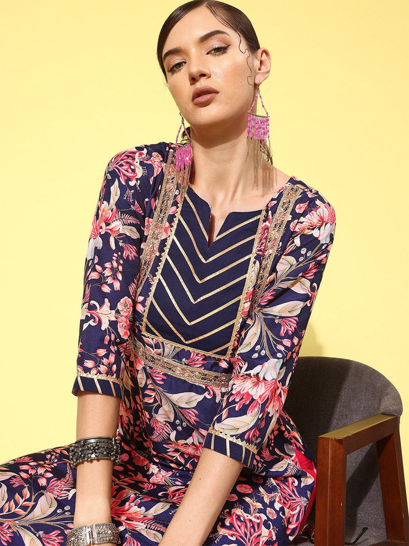Varanga Women Navy Blue And Pink Floral Printed Gotta Patti Kurta