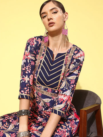 Varanga Women Navy Blue And Pink Floral Printed Gotta Patti Kurta