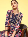Varanga Women Navy Blue And Pink Floral Printed Gotta Patti Kurta