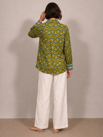 Varanga A Stylish Loose Fit Olive Green Printed Cotton Shirt