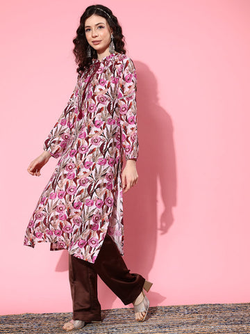 varanga women pink floral printed puff sleeves kurta