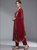 Varanga Women Maroon Round Neck, Spaghetti Strap Style Straight Kurta Paired With Tonal Bottom And Dupatta