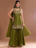 Round Neck Embroidered Kurta Set Featuring Zari And Sequin Work With Flared Palazzo And Embellished Dupatta