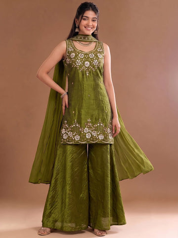 Round Neck Embroidered Kurta Set Featuring Zari And Sequin Work With Flared Palazzo And Embellished Dupatta