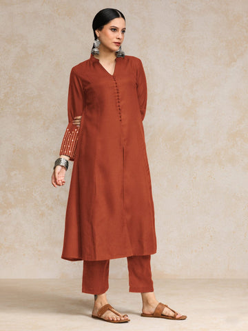 Black Mandarin Witn V Neck Anarkali Front Slit Detailing With Trouser