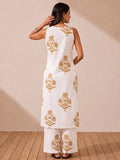 Women's White Kurta Set With Elegant Beige Floral Prints
