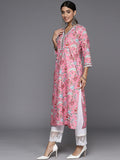 Varanga Women Pink Floral Printed Straight Kurta With Three Quarter Sleeves