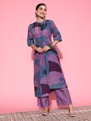 KSUT Purple Abstract Printed Mandarin Collar Kurta with Palazzos
