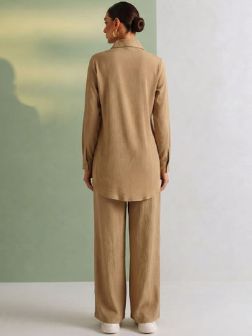 Women's Solid Relaxed-Fit Shirt & Wide-Leg Co-Ord Set