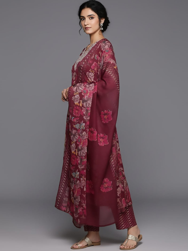 Varanga Women Maroon Floral Printed Embroidered Kurta Paired With Bottom And Dupatta