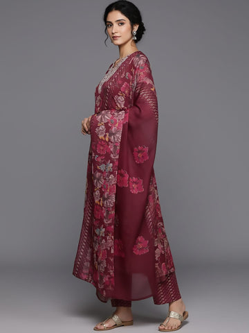 Varanga Women Maroon Floral Printed Embroidered Kurta Paired With Bottom And Dupatta
