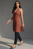 Rust Ajrakh Halter Neck With Crisscross Back Kurti