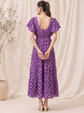 Women's Purple Ethnic Print Tiered Maxi Dress With Flutter Sleeves