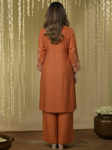 Rust Embroidered Floral Kurta Set