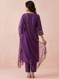 Women's Purple Embroidered Kurta Set With Embellished Net Dupatta