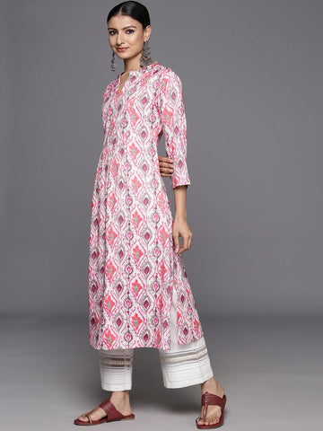 KSUT pink ikat printed mandarin collar gathered details a line kurta