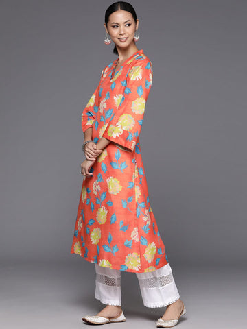 KSUT Women Orange Floral Printed V-Neck A-Line Kurta With Side Slits