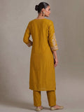 Mustard Straight-Fit Kurta With Embroidered Yoke, Paired With Solid Ankle-Length Trousers