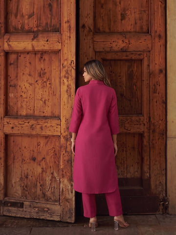 Womens Magenta asymmetrical -Embroidered kurta set